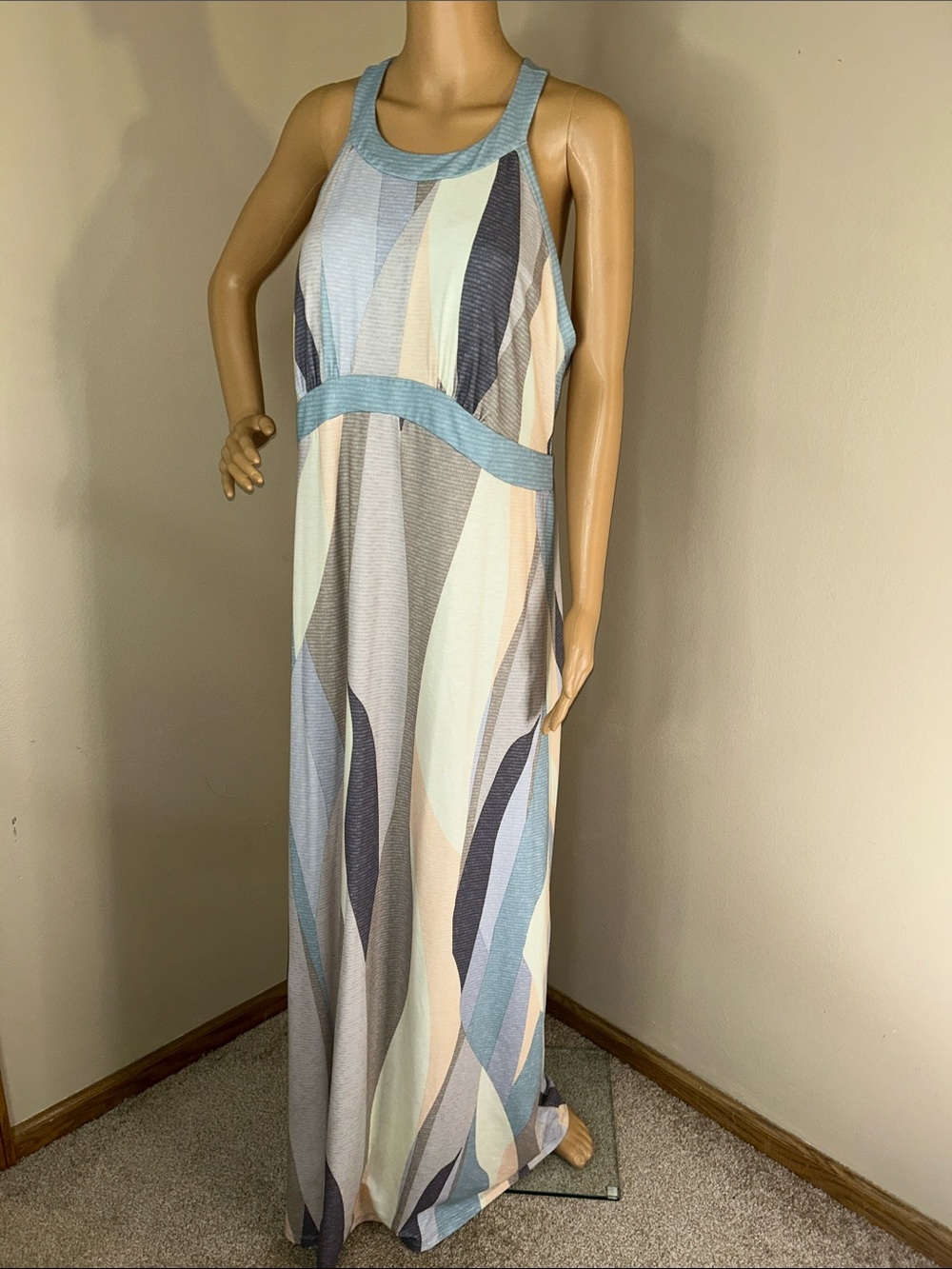 Prana Sleeveless Maxi Dress in Blue, Cream, Gray